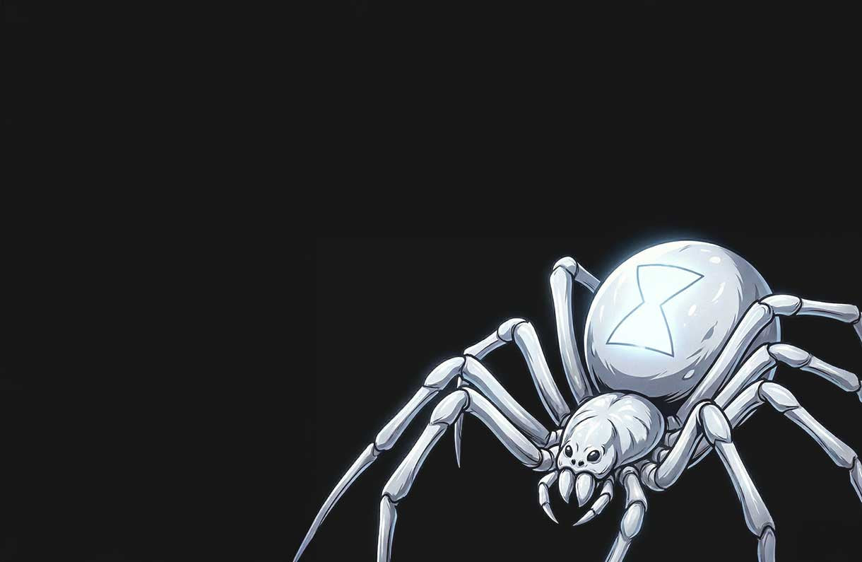 Eine weiße Cartoon-Spinne mit einem blauen Sanduhr-Symbol auf dem Rücken befindet sich in der unteren rechten Ecke vor einem schwarzen Hintergrund.