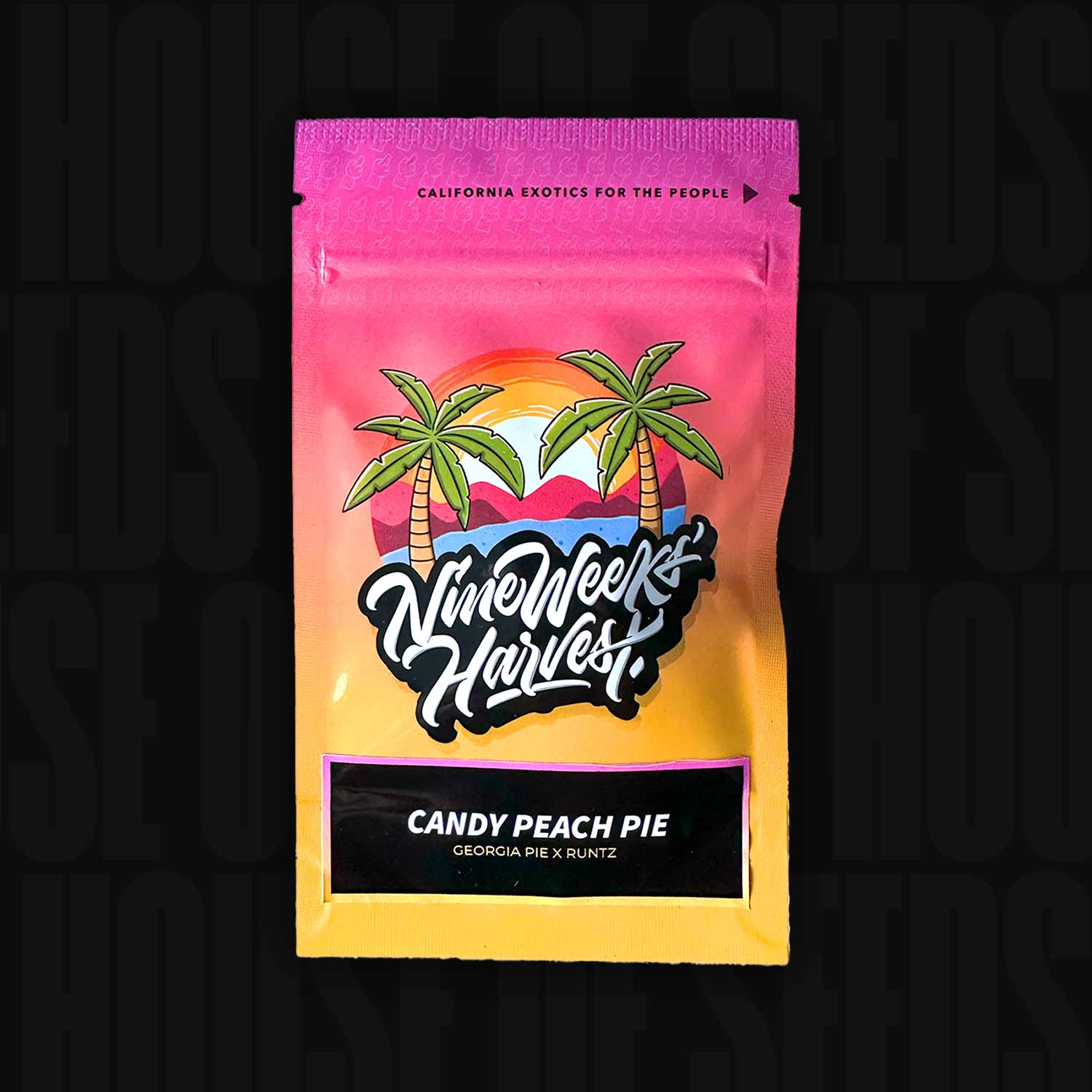 Leuchtende Verpackung von Nine Weeks Harvest mit Sonnenuntergang und Palmen für Candy Peach Pie