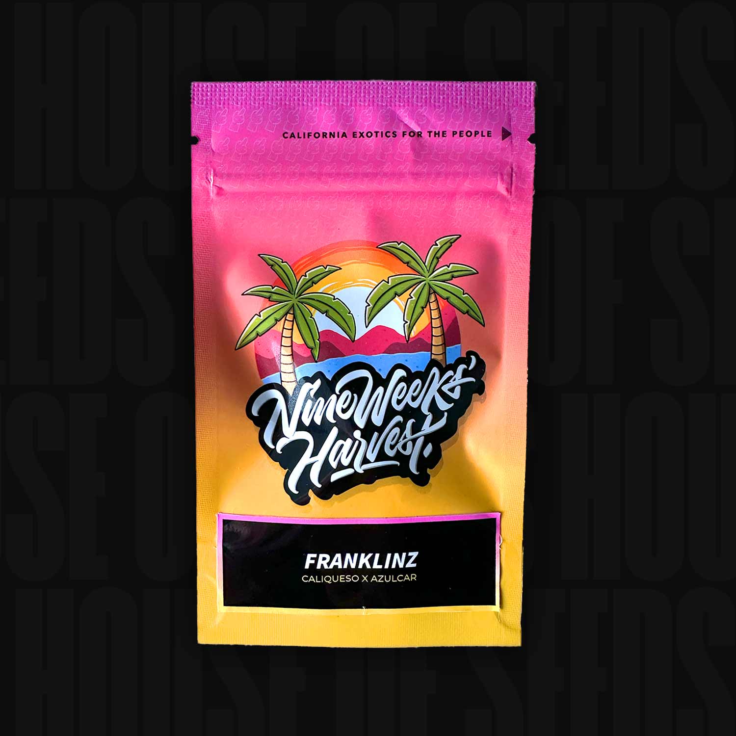 Eine farbenfrohe Nine Weeks Harvest-Samenpackung mit Palmen trägt den Sortennamen Franklinz.