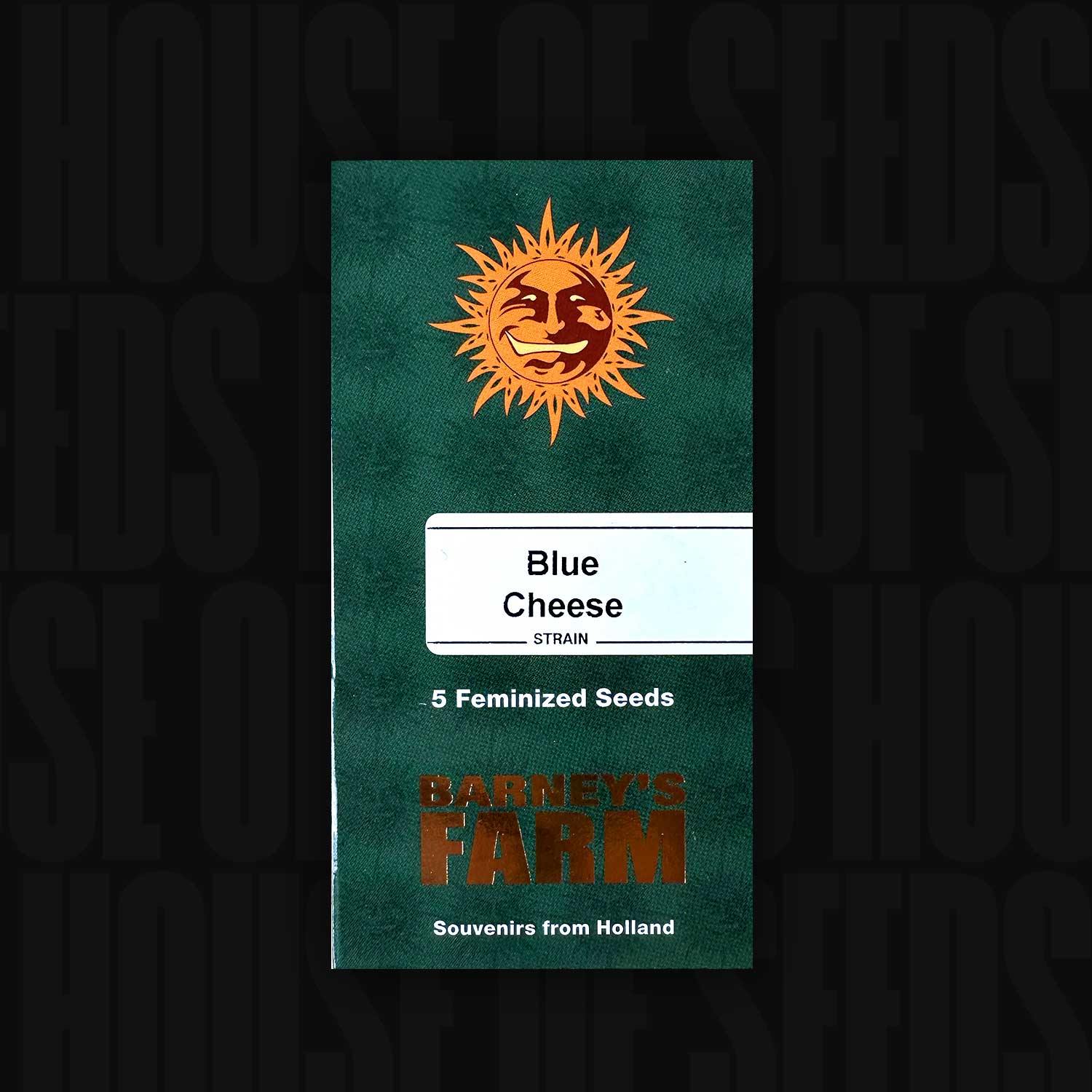 Grüne Barney’s Farm Verpackung „Blue Cheese (5 feminisierte Samen)“ mit Sonnenlogo und Aufschrift „Souvenirs aus Holland“