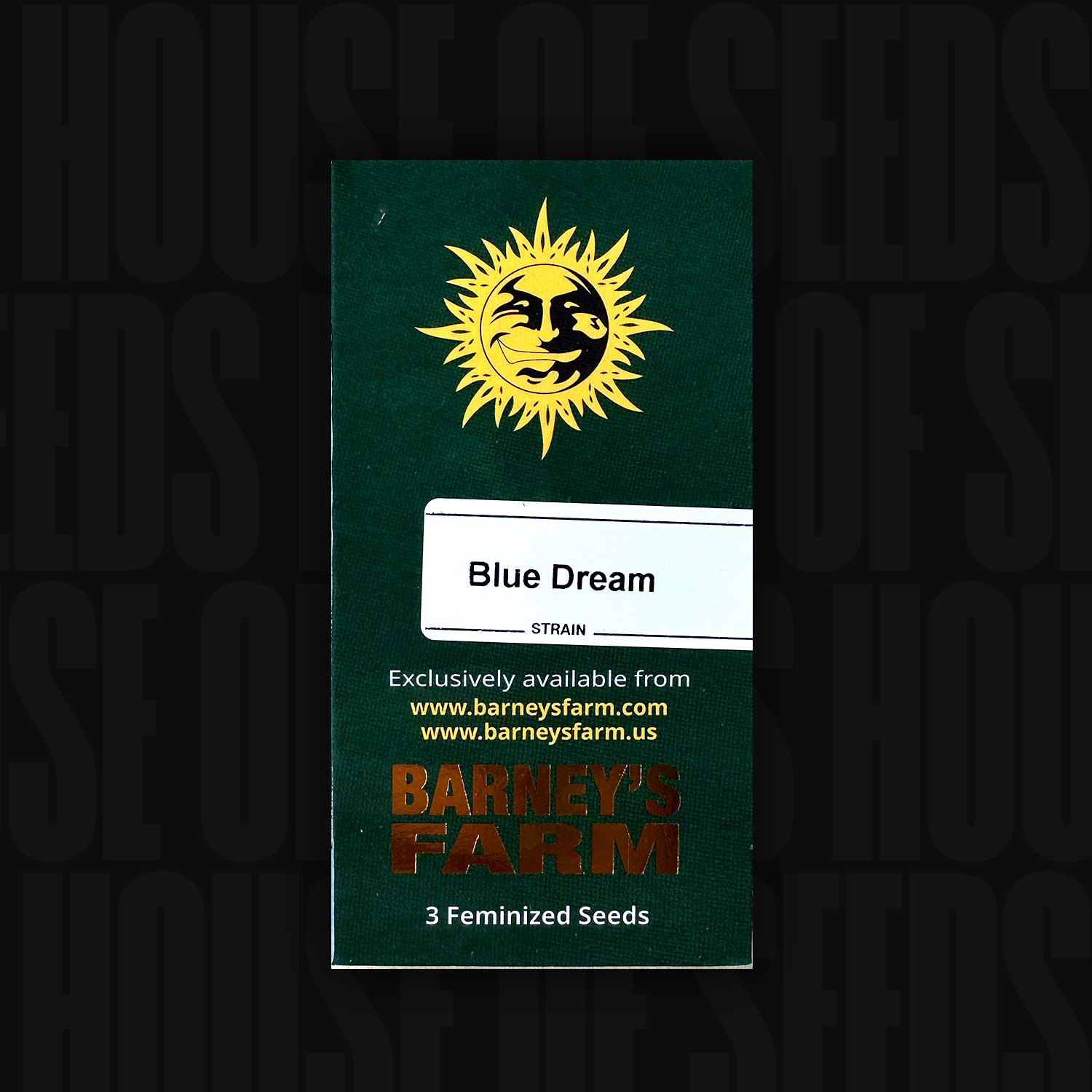 Grünes Barney’s Farm Blue Dream Päckchen mit Sonnenlogo und Aufschrift 3 feminisierte Samen