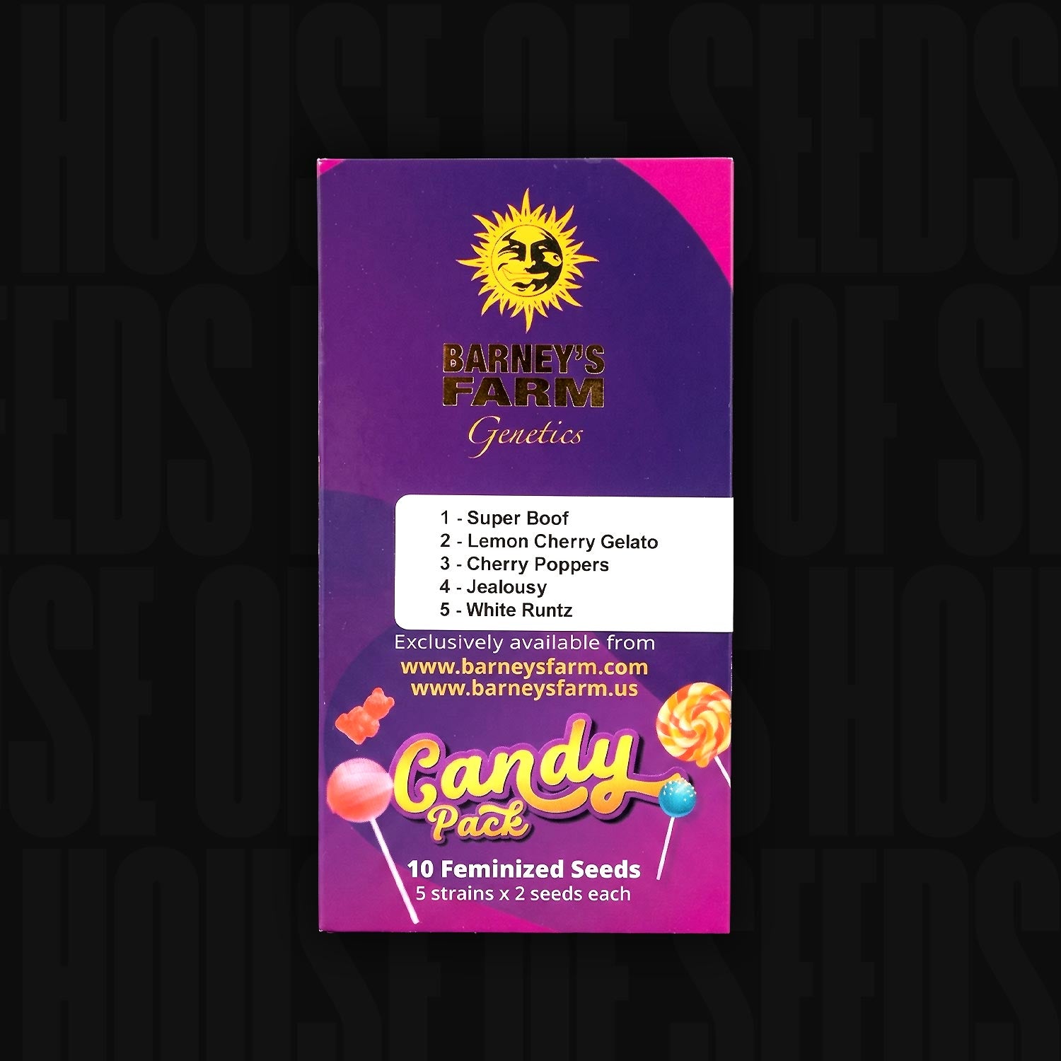 Lila und rosafarbenes Candy Pack-Samenpaket von Barney's Farm mit fünf Sorten zum Thema Süßigkeiten.