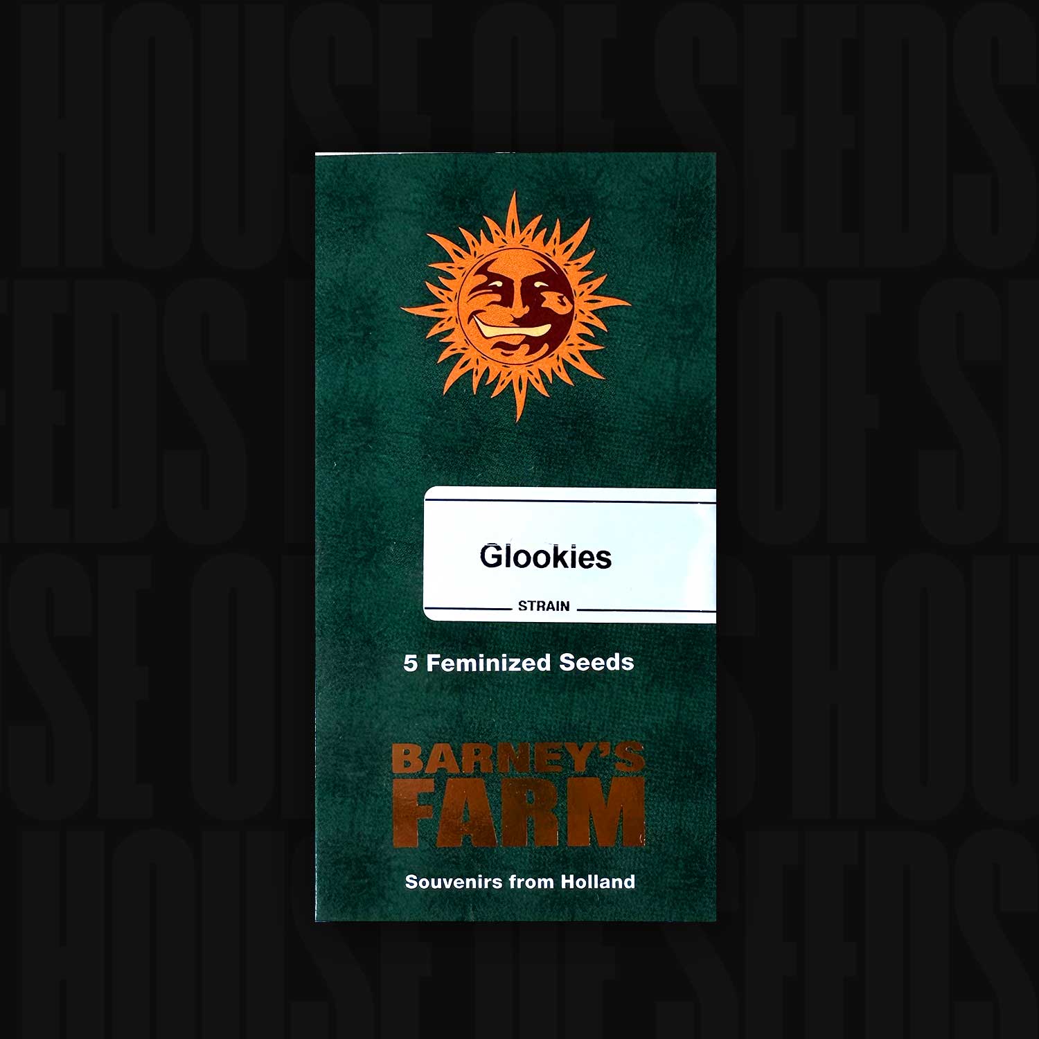 Dunkelgrüne Barney’s Farm Packung Glookies mit orangefarbenem Sonnenlogo, Aufschrift 5 feminisierte Samen und Text Souvenirs from Holland