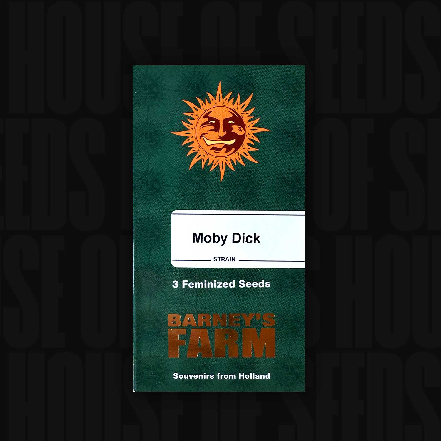 Grünes Barney’s Farm Päckchen Moby Dick mit orangefarbenem Sonnenlogo, Aufschrift 3 feminisierte Samen und Text Souvenirs from Holland