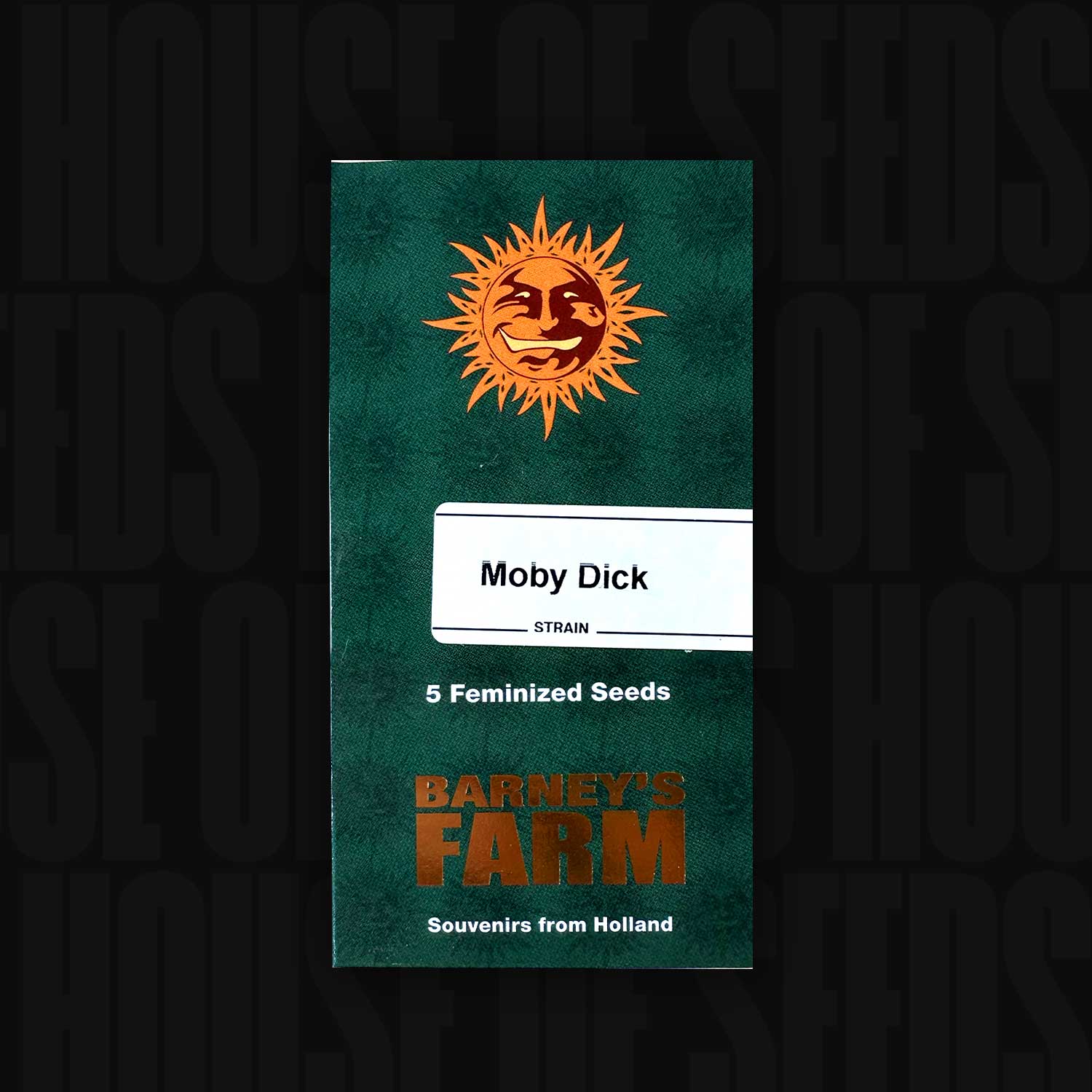 Grünes Barney’s Farm Päckchen Moby Dick mit orangefarbenem Sonnenlogo, Aufschrift 5 feminisierte Samen und Text Souvenirs from Holland