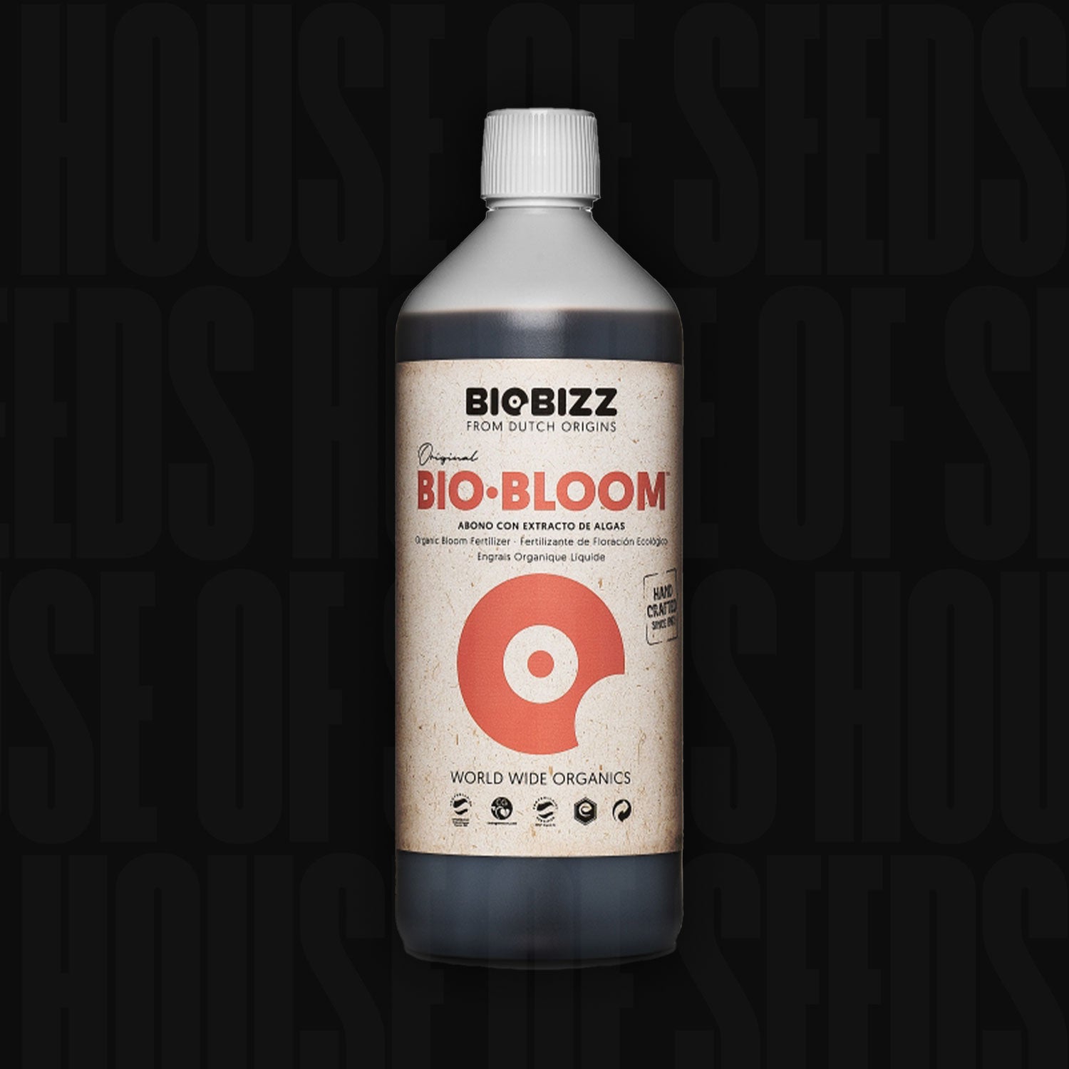 BioBizz Bio Bloom Flasche mit beigem Etikett, roten und braunen Grafiken sowie schwarzem Text vor schwarzem Hintergrund