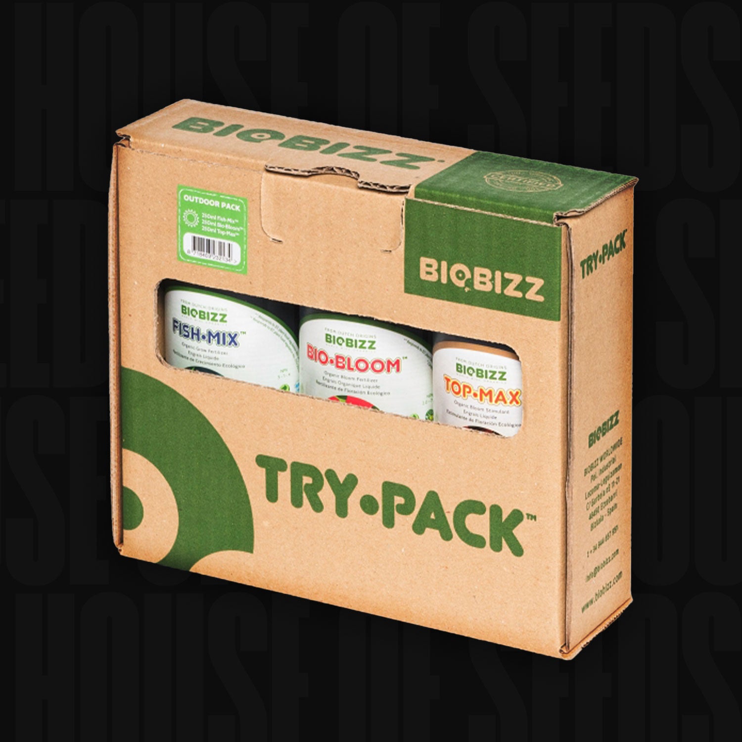 BioBizz Try Pack Outdoor Karton mit drei Flaschen Dünger Fish-Mix, Bio-Bloom und Top-Max im grünen Branding