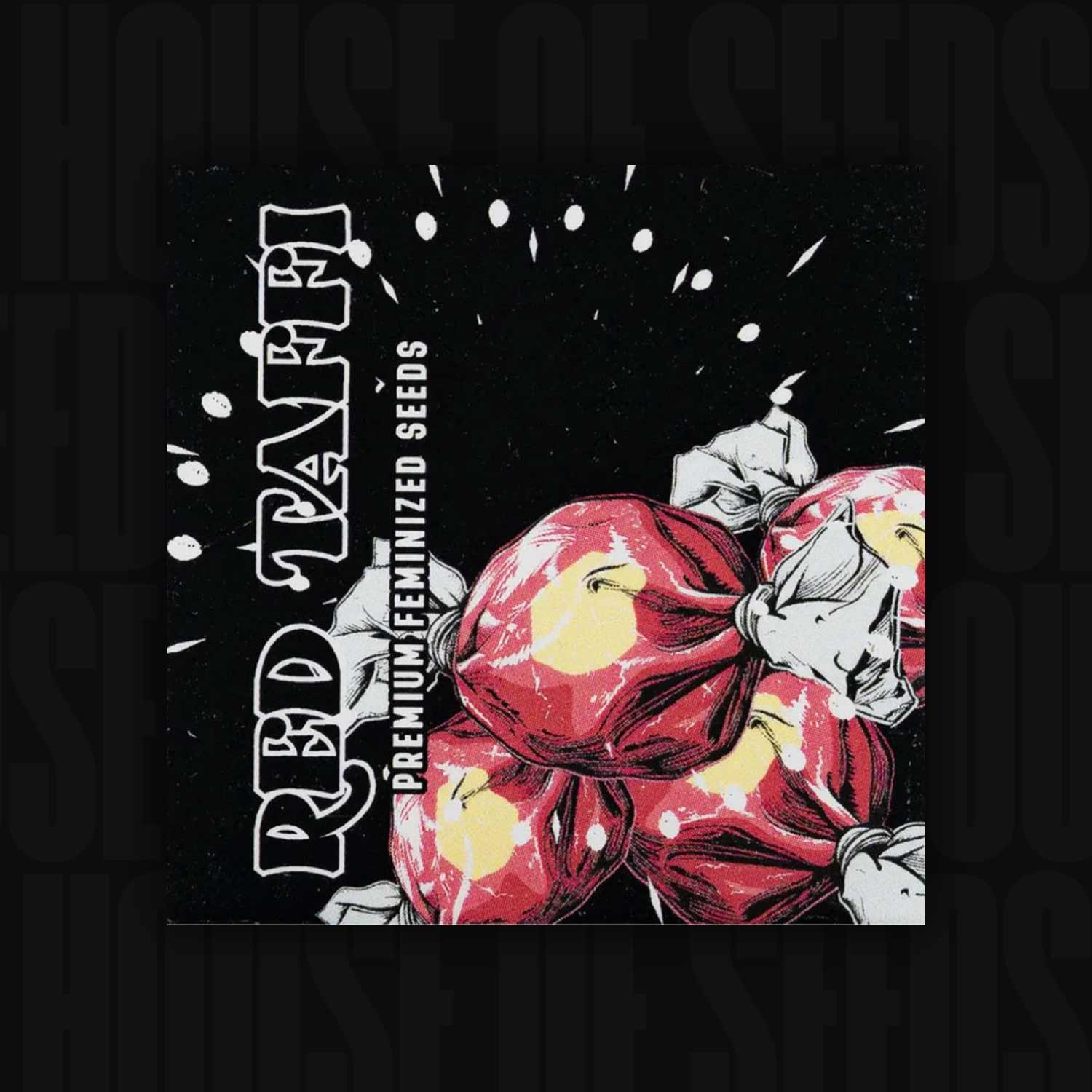 Rote Red Taffi Verpackung von Doja mit Angaben zu Premium Feminized Seeds sowie Bonbon-Illustrationen
