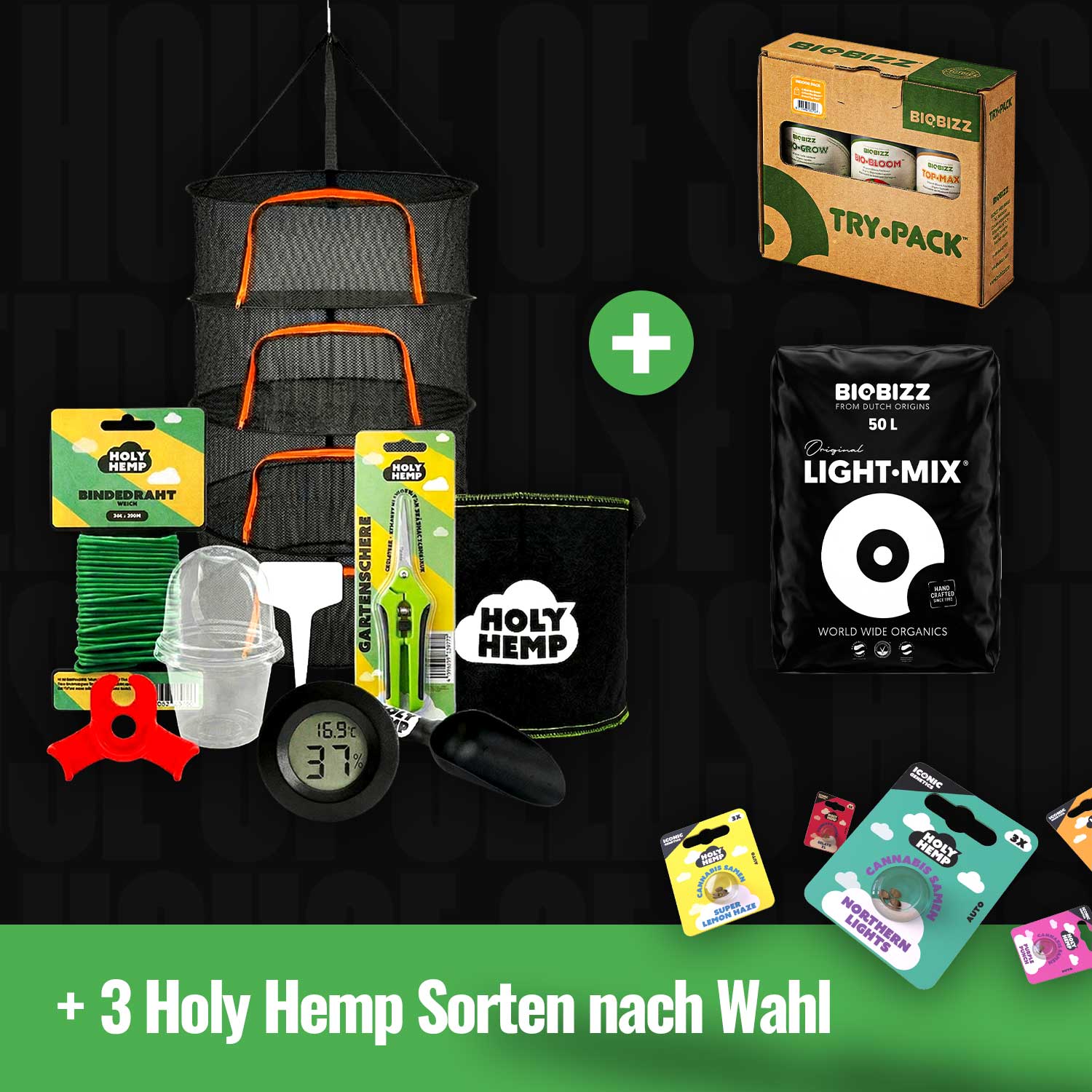 Holy Hemp Indoor Komplett-Set mit Samenpaketen auf schwarzem Hintergrund mit grünen Akzenten.