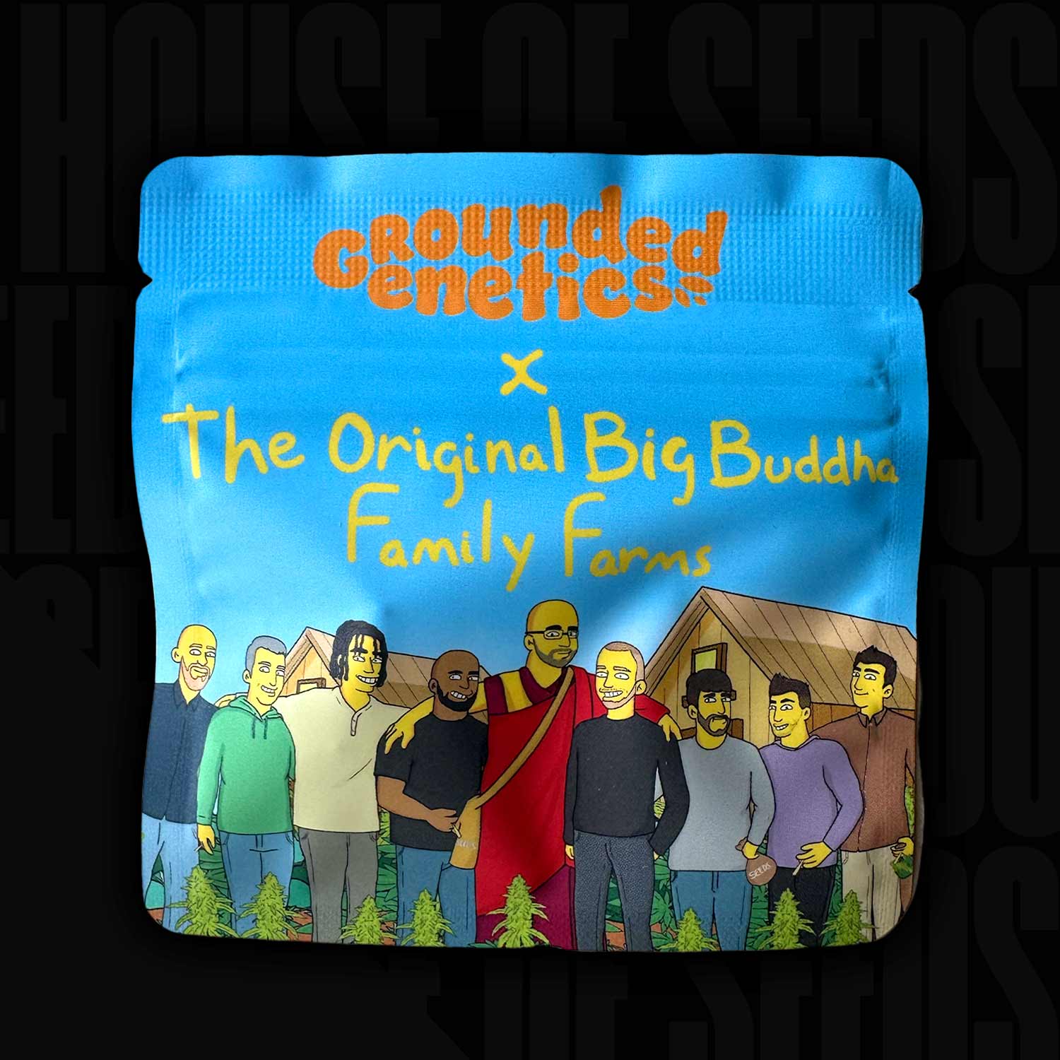 Grounded Genetics Pink Chai Verpackung mit Illustration von Menschen im Freien, Bäumen und Holzhaus