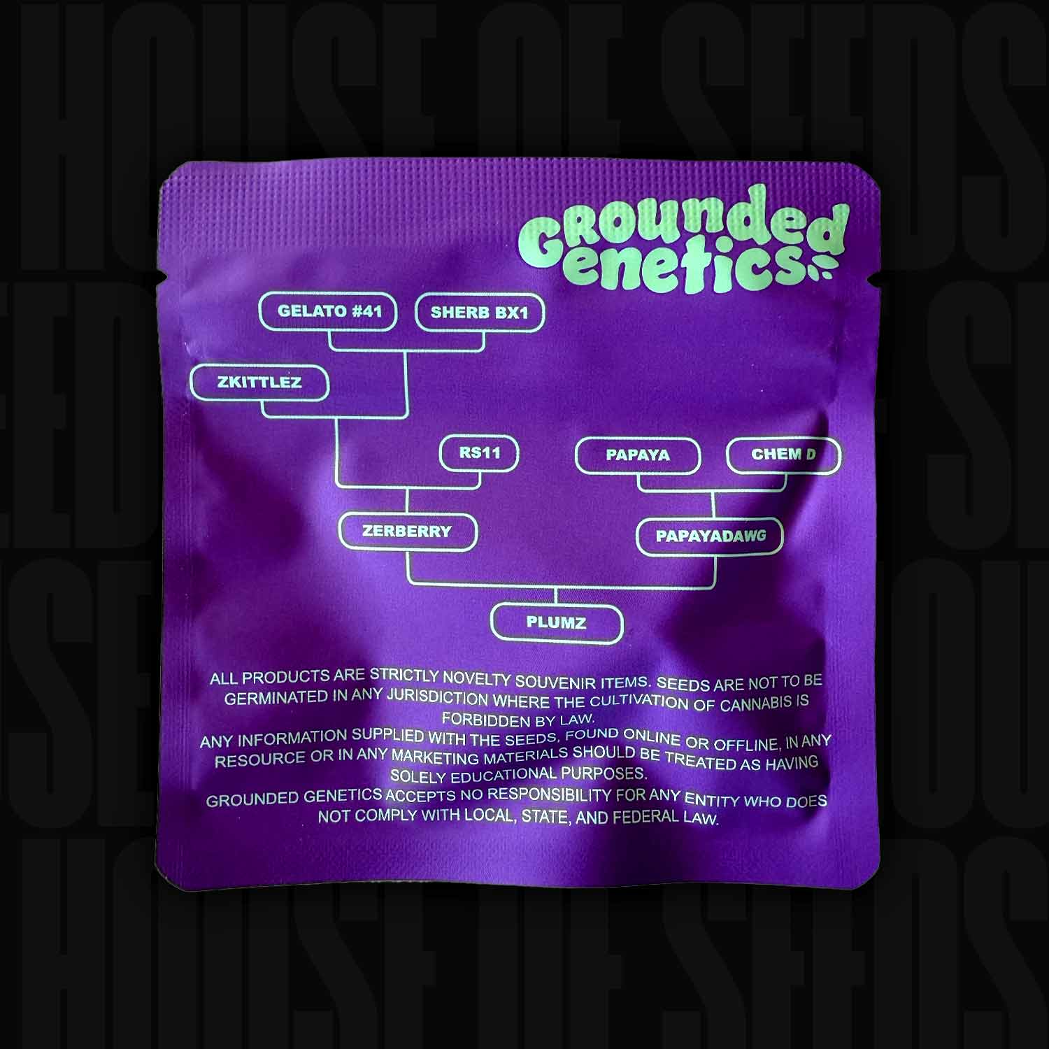 Grounded Genetics Plumz Samenpackung mit Stammbaum der Sorte und weißem Genetik/Haftungsausschluss-Text.