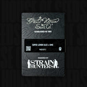 Schwarze Green House Seeds Packung von Super Lemon Haze x GMO mit Produkt-Angaben