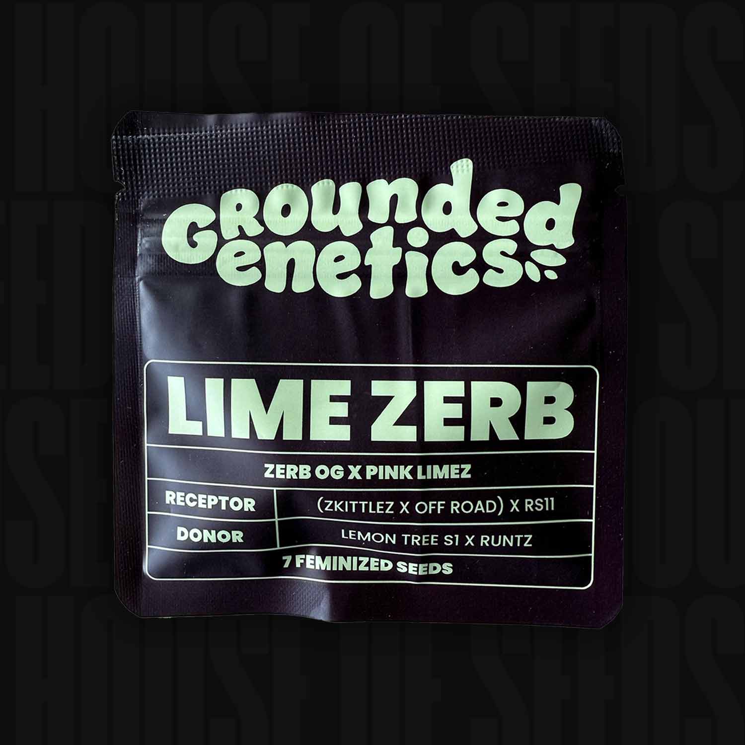 Päckchen mit Schwarzkümmelsamen der Sorte Lime Zerb von Grounded Genetics, mit Angaben zur Abstammung und 7 feminisierten Samen.