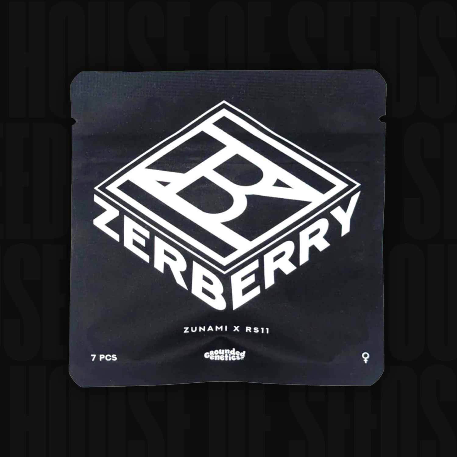 Ein schwarzes Päckchen mit der Aufschrift Zerberry1 von Grounded Genetics zeigt fetten weißen Text, ein geometrisches Logo oben, ZUNAMI X RS11 und 7 PCS unten, plus ein kleines weibliches Symbol unten rechts, das entspannende Vibes suggeriert.