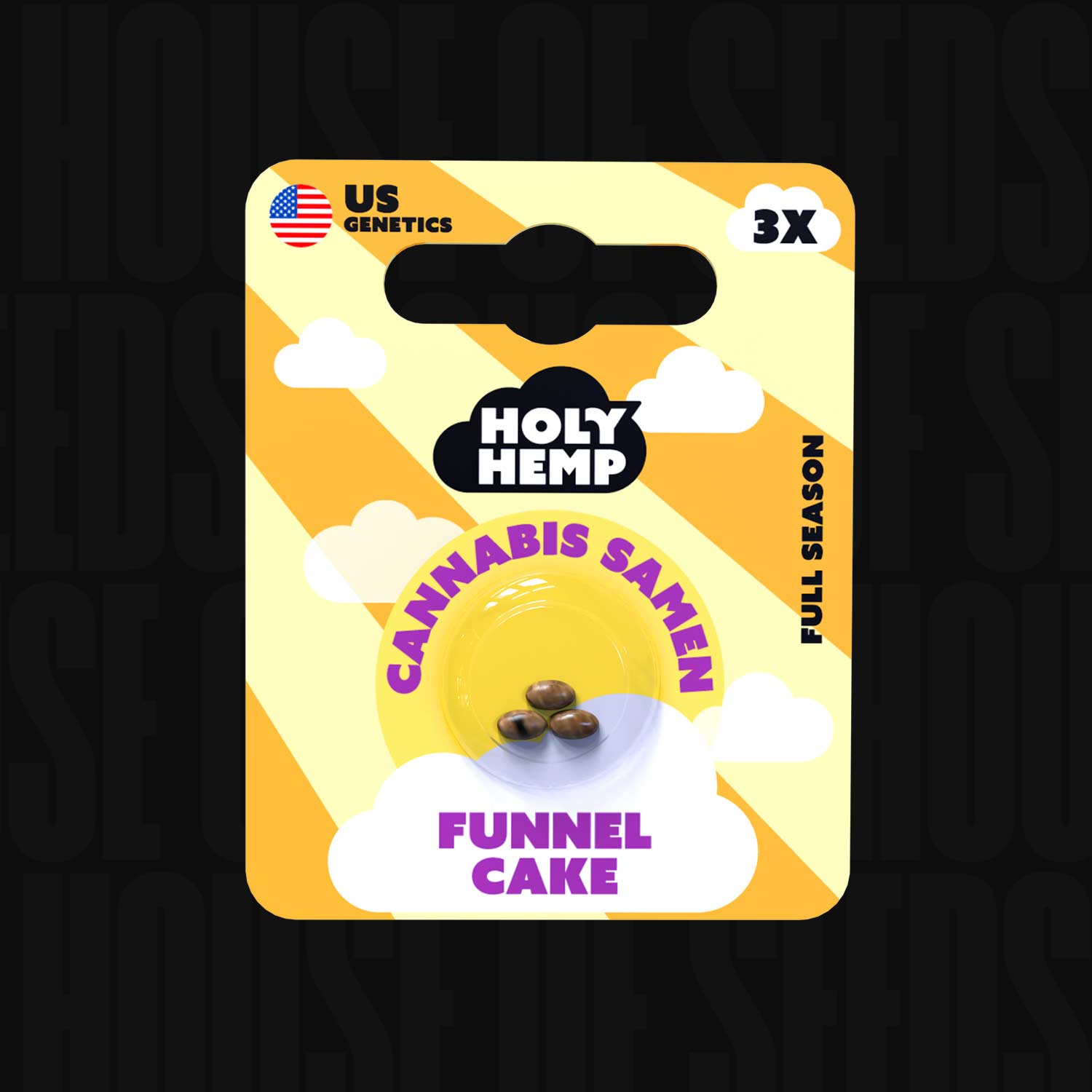 Gelb-weißes Holy Hemp Funnel Cake Paket mit 3 Cannabissamen, Wolkengrafiken, US-Flaggen-Symbol