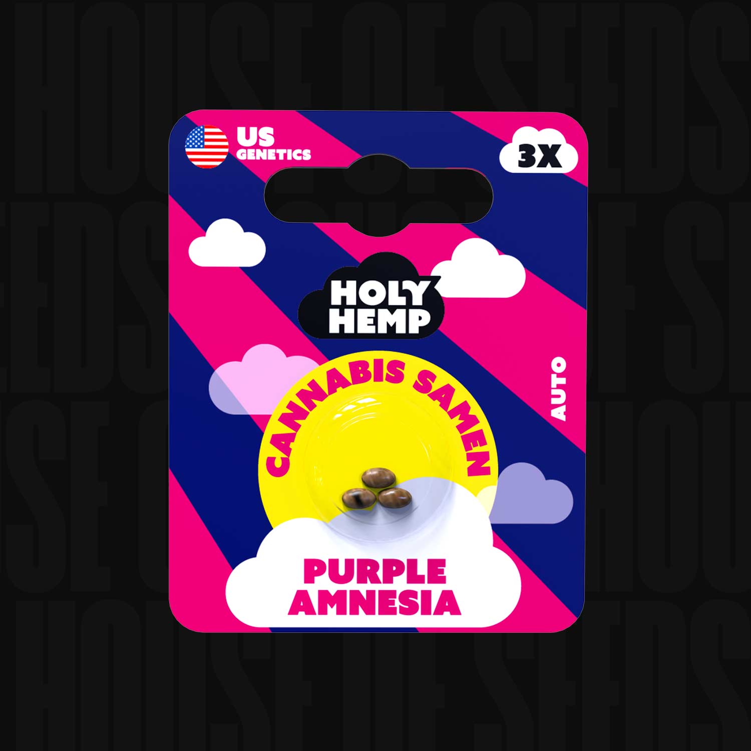 Holy Hemp Verpackung Purple Amnesia Auto mit Sichtfenster für 3 Samen und US-Flaggen-Symbol