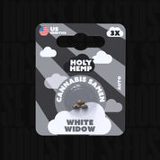 Holy Hemp White Widow Packung mit 3 Hanfsamen, mit einem US-Flaggensymbol.