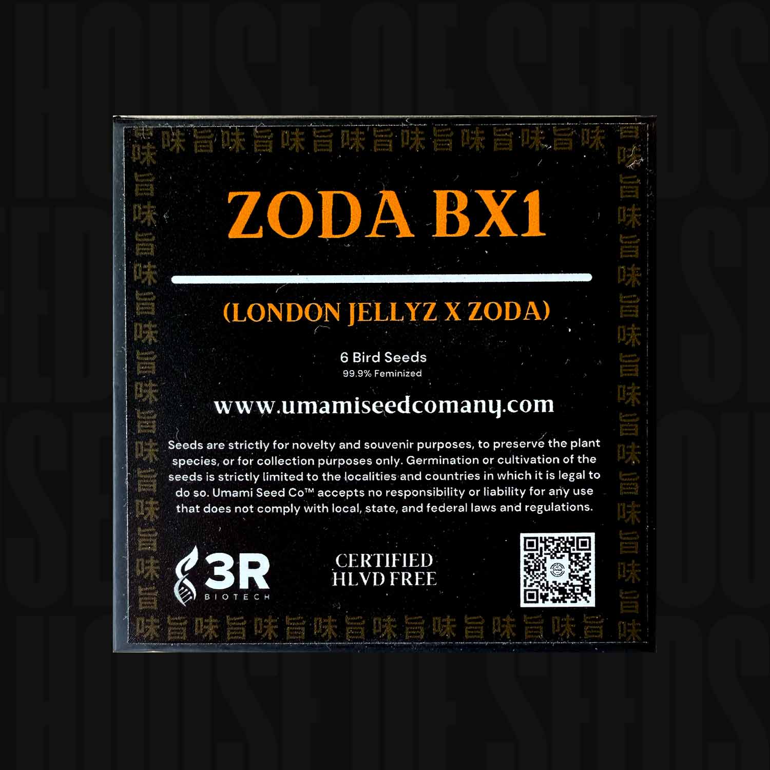 Umami Seed Co Zoda BX1 Saatgutpackung mit Zertifizierungslogos und Website-Informationen.