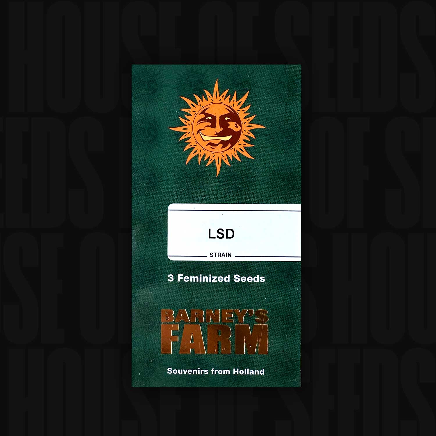 Grüne Saatgutpackung mit der Aufschrift LSD, 3 feminisierte Samen, Sonnenlogo und Barney's Farm Branding.