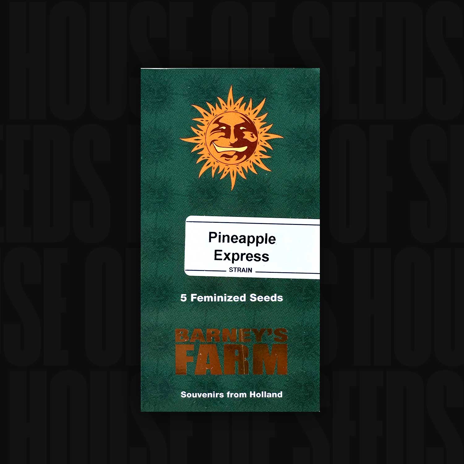 Grüne Verpackung für Pineapple Express von Barneys Farm für 5 Feminized Seeds mit Sonne und Text Souvenirs from Holland